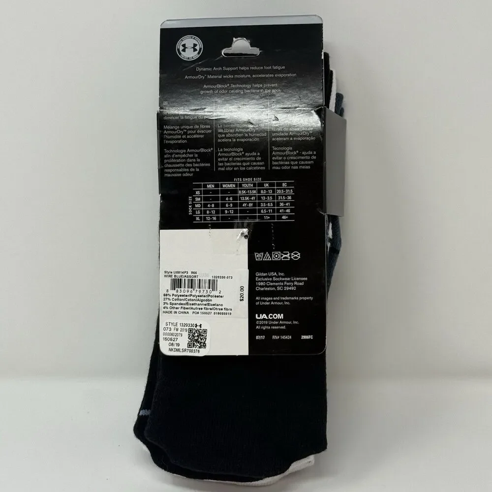 Under Armour UA Phenom Training Crew Socks 3 Pack Unisex Mens 4-8 Womens 6-9 NEW